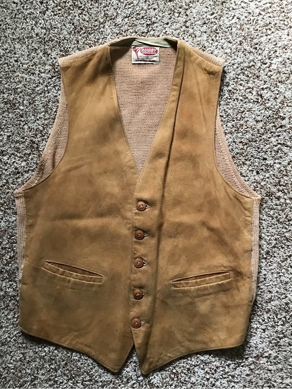 Vintage Tan Suede Men's Vest, leather buttons, old! Rugby Sportswear